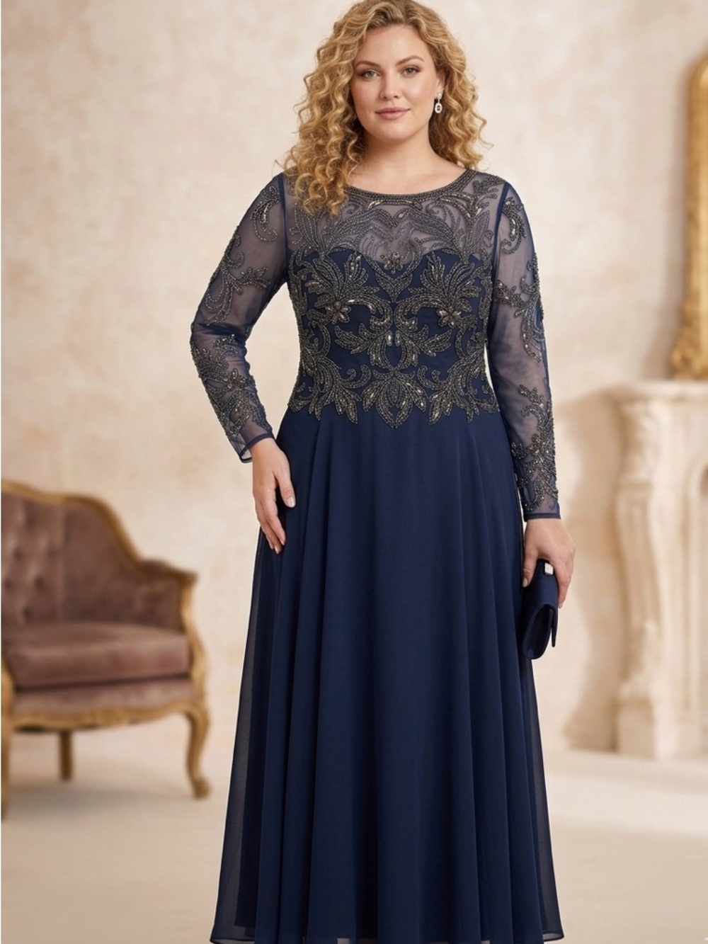 Xscape Navy Long-Sleeve Beaded A-Line Evening Dress